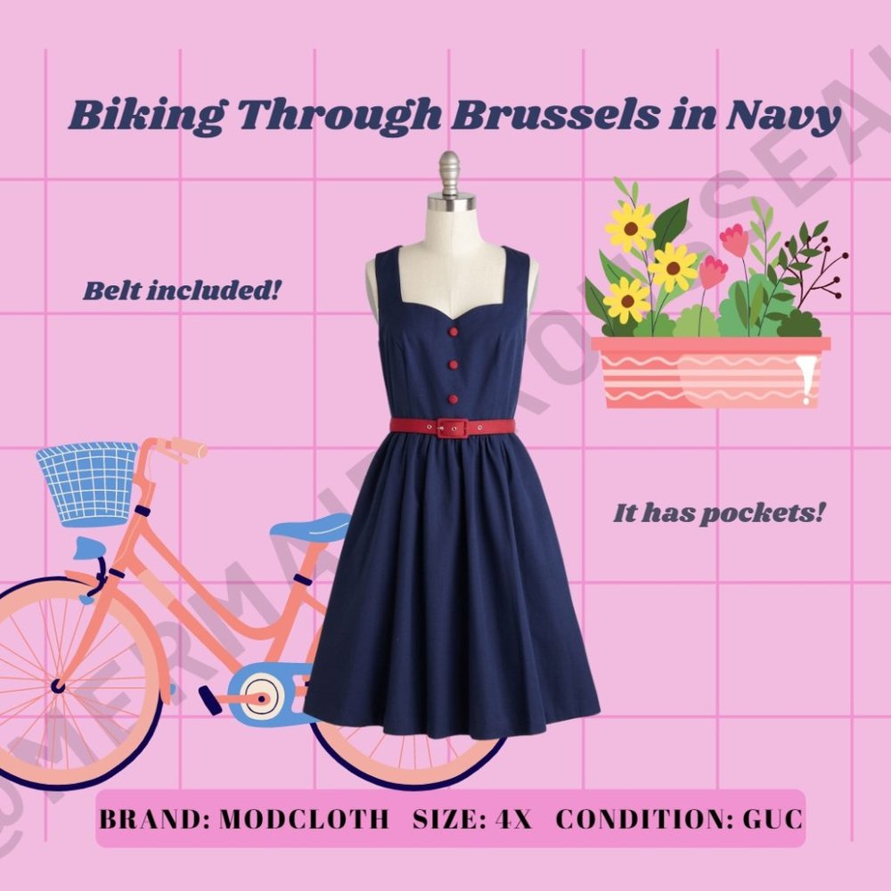 Modcloth 4x Biking Through Brussels Dress w/ Red Button Accents & matching belt